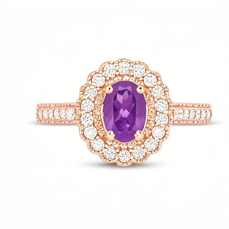 Anel de noivado personalizado com corte oval em ouro rosa 14K e pedras preciosas-1