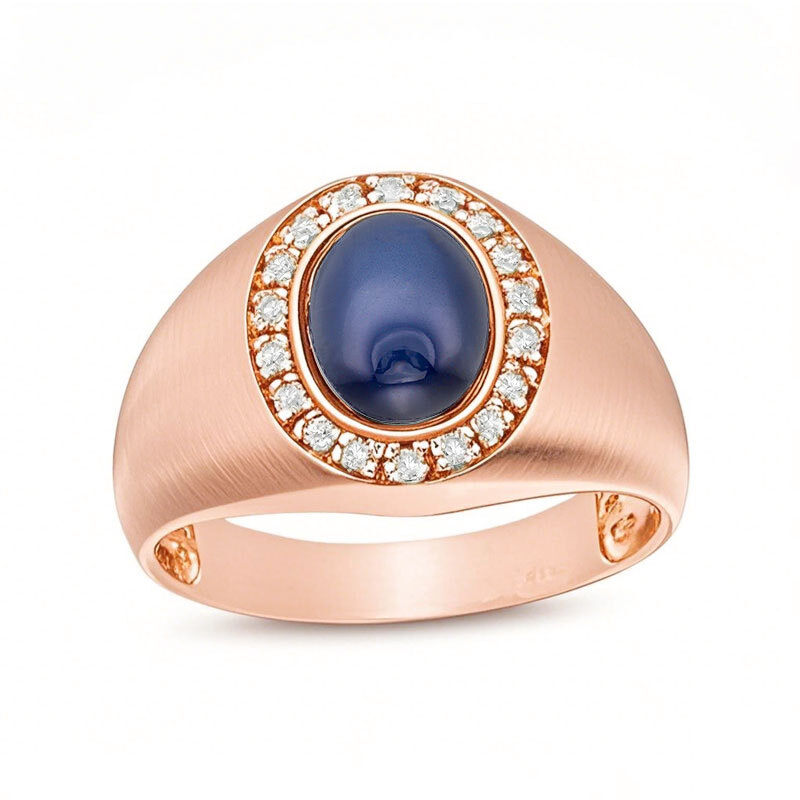 14K Rose Gold Oval Cut Diamond & Sapphire Custom Signet Ring for Men H Color I2 Clarity 3EX-1