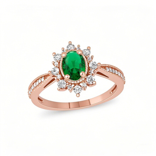 10K Rose Gold Oval Cut Emerald & 0.1 CT Diamond Sunburst Frame Vintage Style Tapered Shank Engagement Band