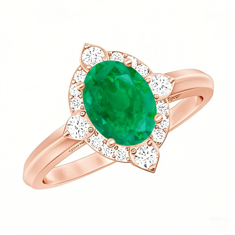 14K Rose Gold Oval Cut Emerald & 0.35 CT.T.W. Diamond Vintage Inspired Engagement Band-1