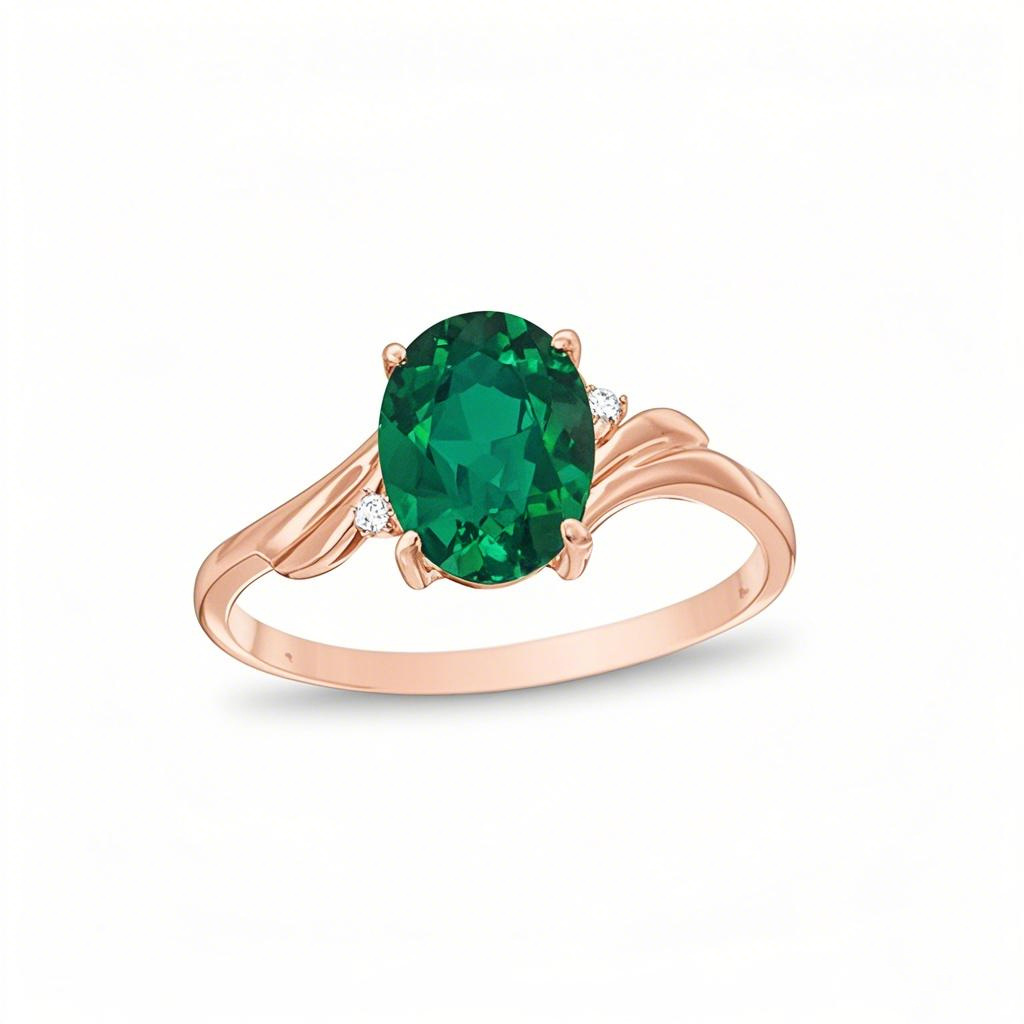 10K Rose Gold Oval Cut Emerald and Diamond Accent Bypass Swirl Shank Engagement Band-1