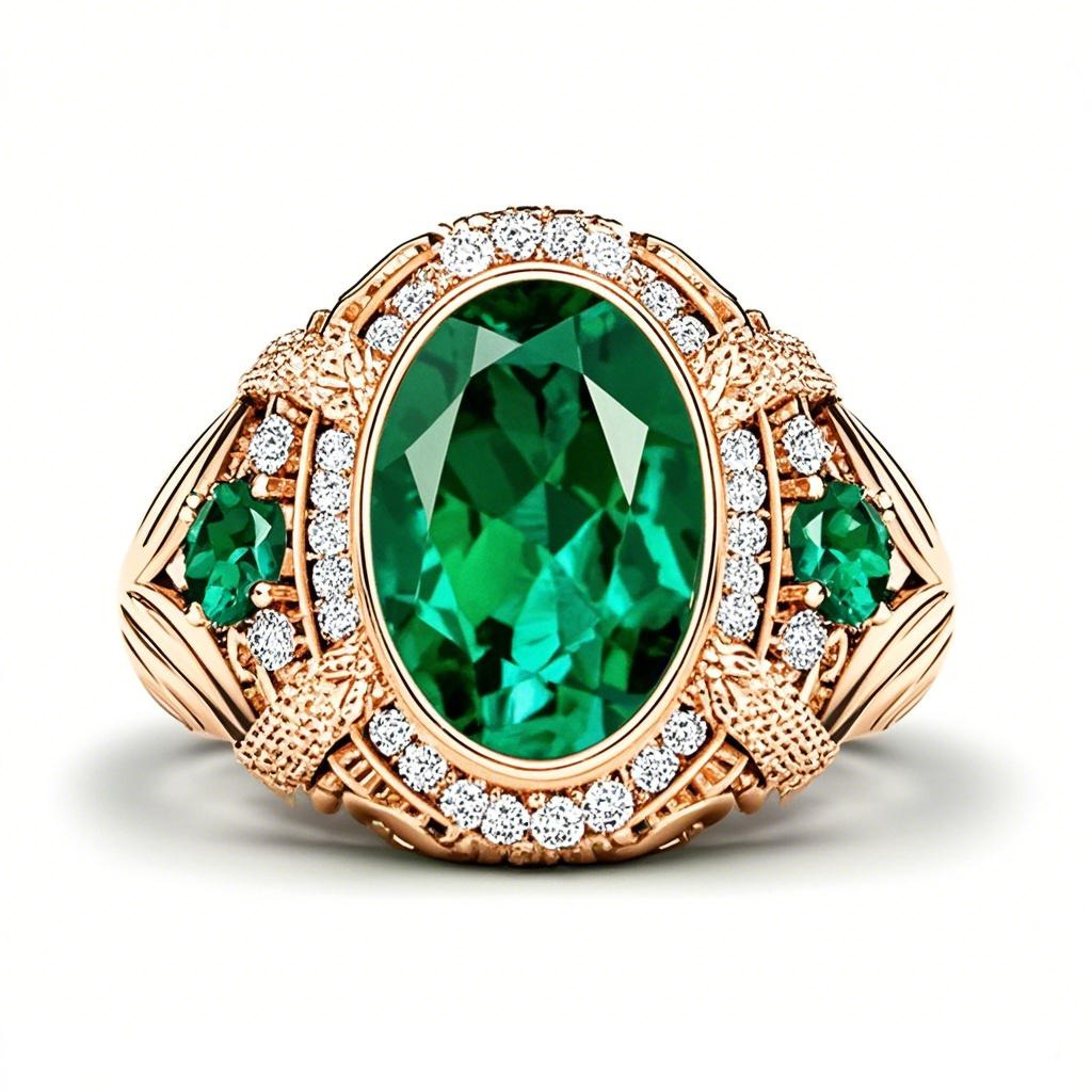 14K Rose Gold Oval Cut Emerald & Diamond Wedding Band Best Gift for Birthday Anniversary Christmas Fathers Day-1