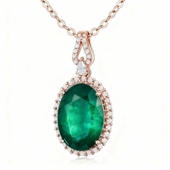 10K Rose Gold Oval Cut Emerald Round Pendant Necklace