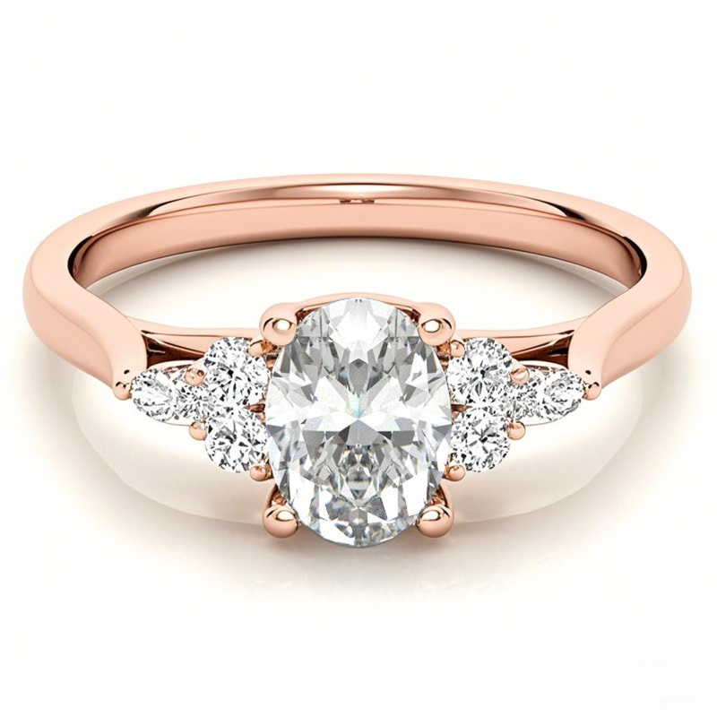 Anillo de compromiso de oro rosa de 10 quilates con moissanita de talla ovalada y halo-1