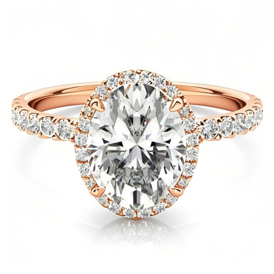 Anillo de compromiso de moissanita con halo de corte ovalado en oro rosa de 10 quilates