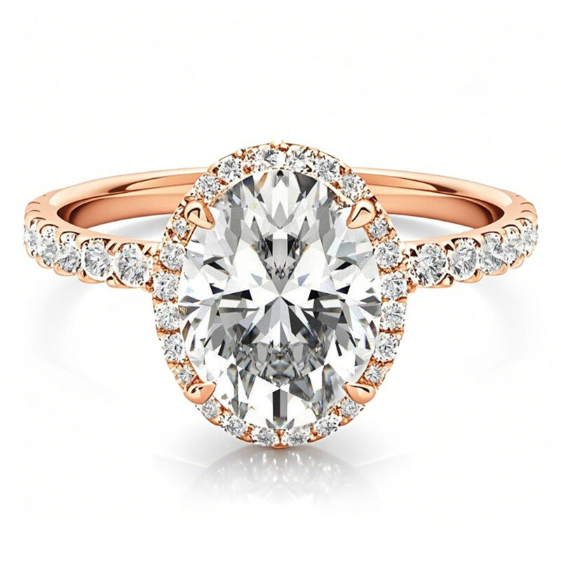 14K Rose Gold Oval Cut Halo Moissanite Engagement Ring-1