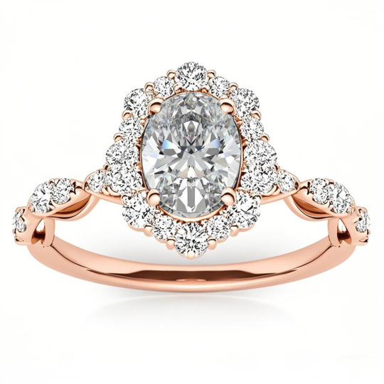 Anillo de compromiso de moissanita con halo de corte ovalado en oro rosa de 10 quilates