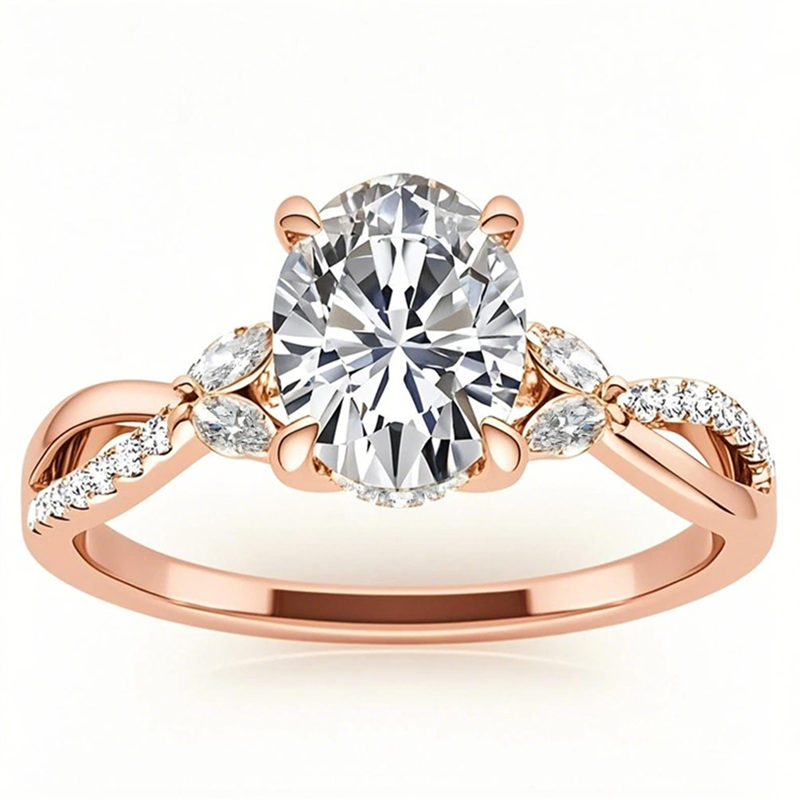 Bague de fiançailles en or rose 14 carats avec halo de moissanite taille ovale-1