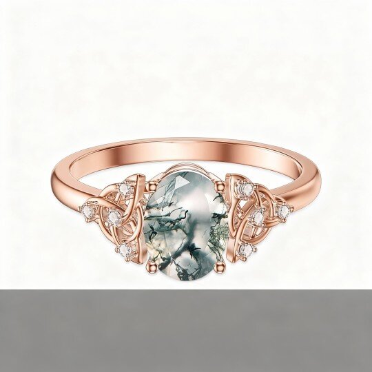 10K Rose Gold Oval Cut Moss Agate Ring