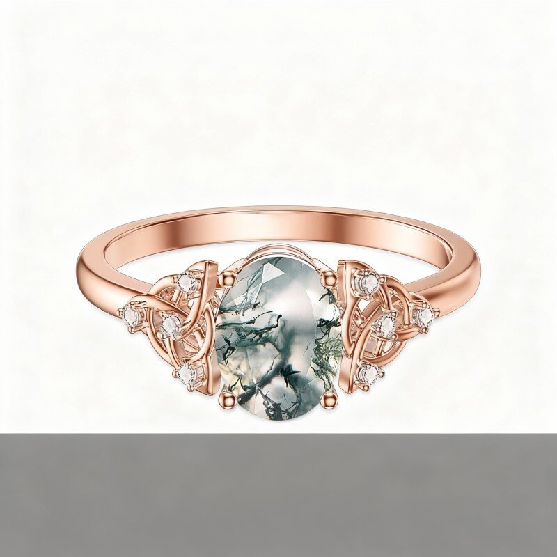 10K Rose Gold Oval Cut Moss Agate Ring-1