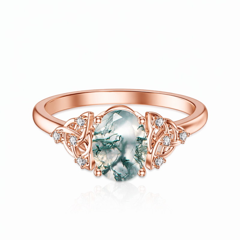 10K Rose Gold Oval Cut Moss Agate Ring-9