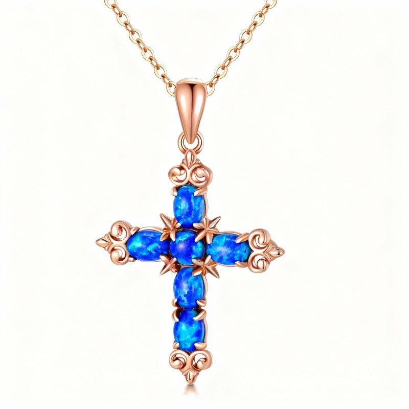 10K Rose Gold Oval Cut Opal Cross Pendant Necklace-1