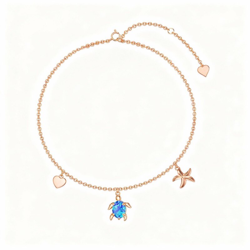 Fußkettchen aus 14-karätigem Roségold mit ovalem Opal im Meeresschildkröten-, Seestern- und Muschelmotiv (einlagig)-1