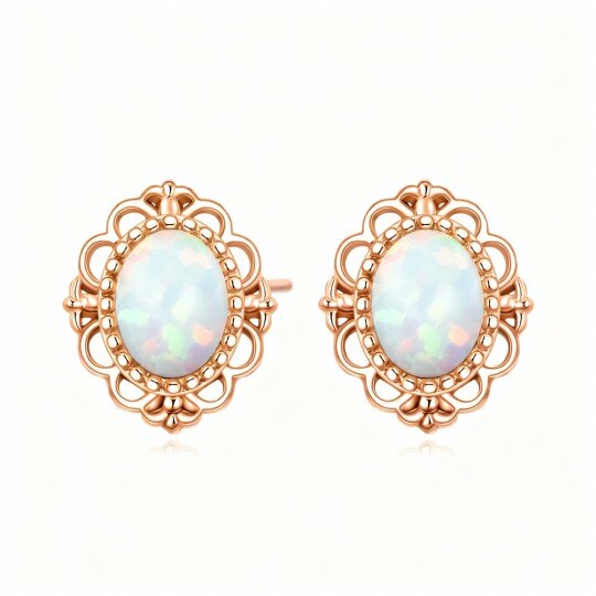 أقراط أذن من الذهب الوردي عيار 10 قيراط مرصعة بحجر أوبال بيضاوي الشكل