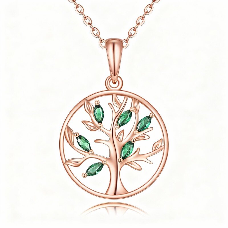 Collar con colgante del Árbol de la Vida en oro rosa de 14 quilates con circonita cúbica de corte ovalado-1