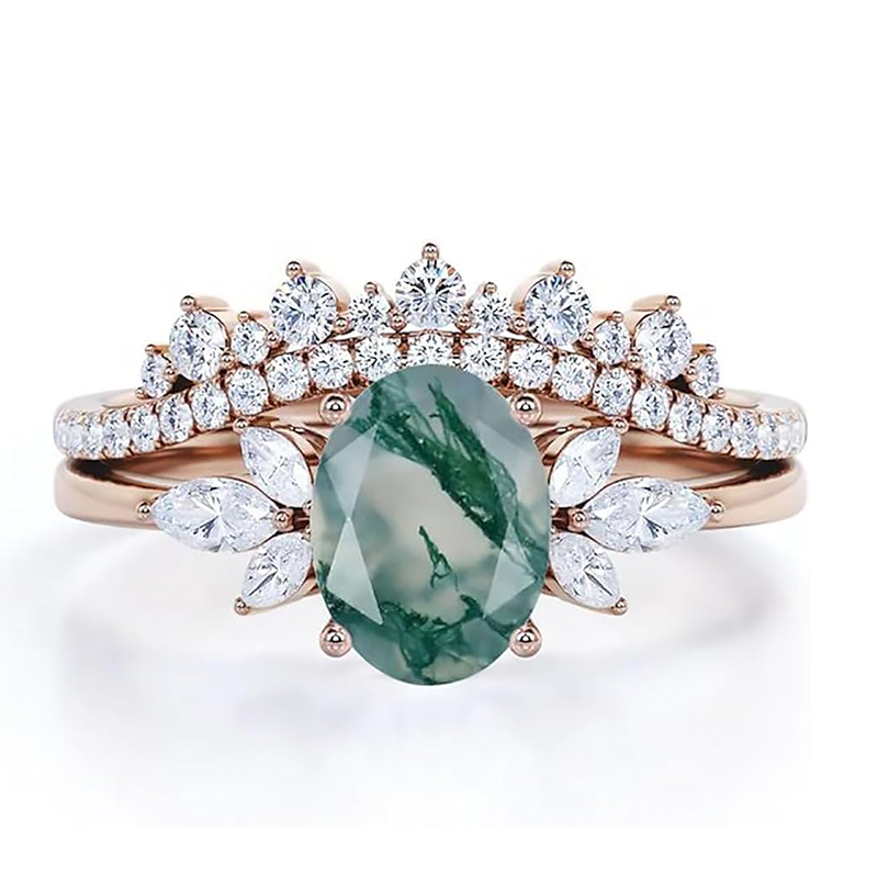 10K Rose Gold Oval Moss Agate With Moissanite Ring-1