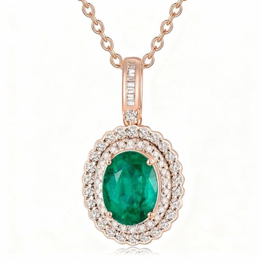 10K Rose Gold Oval Shaped Diamond & Emerald Oval Shaped Pendant Necklace