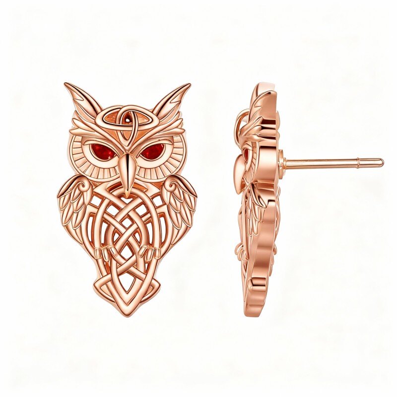 14K Rose Gold Cubic Zirconia Owl & Celtic Knot Stud Earrings-1