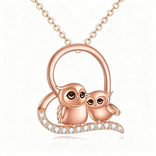 10Kローズゴールド キュービックジルコニア フクロウ＆ハートペンダントネックレス