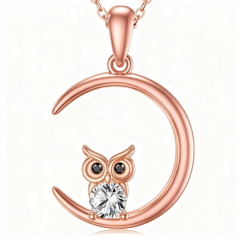 14K Rose Gold Cubic Zirconia Owl Pendant Necklace-1
