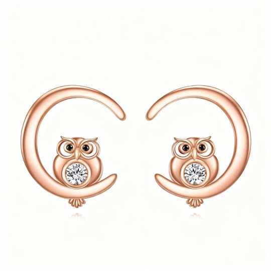 أقراط أذن مرصعة بالزركونيا المكعبة من الذهب الوردي عيار 10 قيراط على شكل بومة