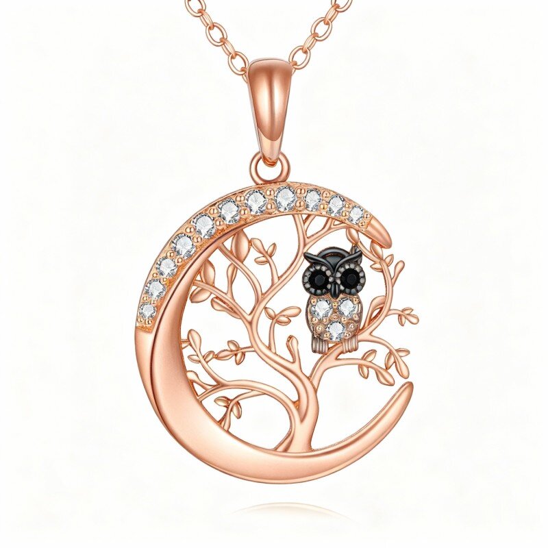 Naszyjnik z 18-karatowego różowego złota z cyrkoniami sześciennymi i wisiorkiem w kształcie sowy, drzewa życia i księżyca-1