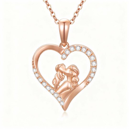 10K Rose Gold Cubic Zirconia Parents & Children & Heart Pendant Necklace