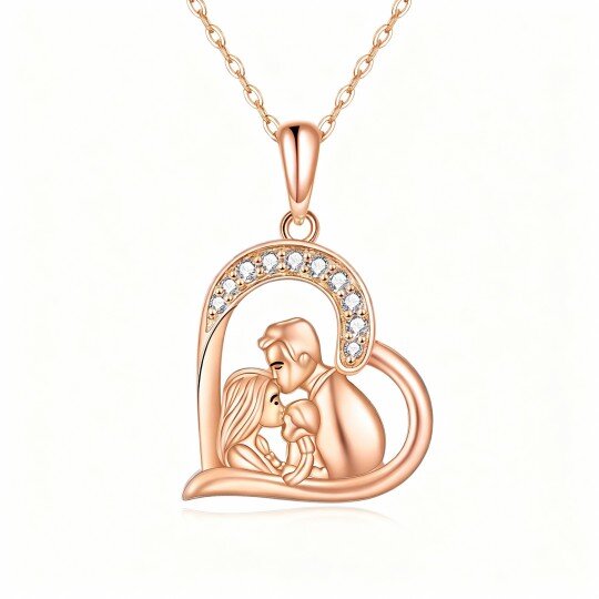 10K Rose Gold Cubic Zirconia Parents & Children & Heart Pendant Necklace