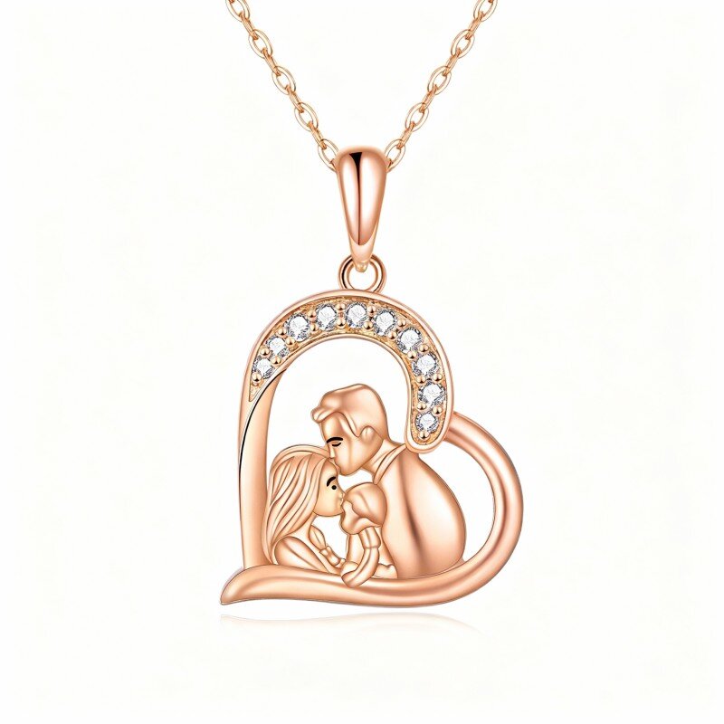 10K Rose Gold Cubic Zirconia Parents & Children & Heart Pendant Necklace-1