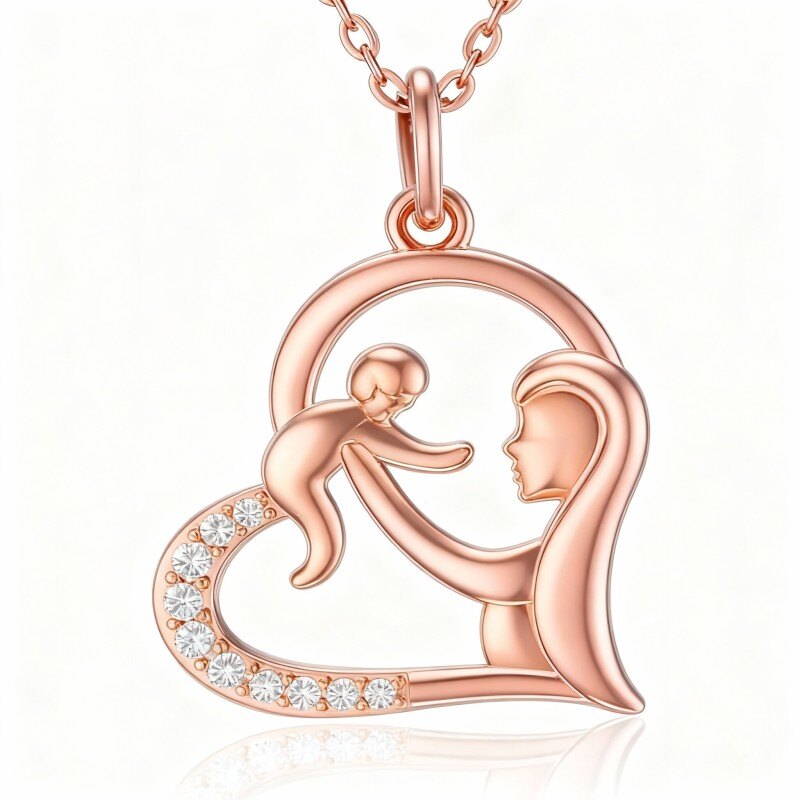 Collar con colgante de corazón, padres e hijos, circonitas cúbicas y oro rosa de 10 quilates-1