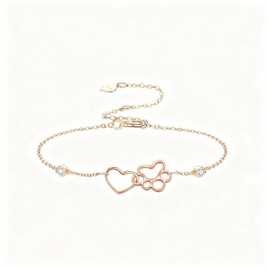 10K Rose Gold Cubic Zirconia Paw & Heart Charm Bracelet