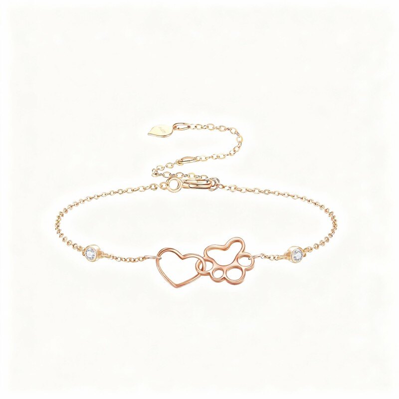 14K Rose Gold Cubic Zirconia Paw & Heart Charm Bracelet-1