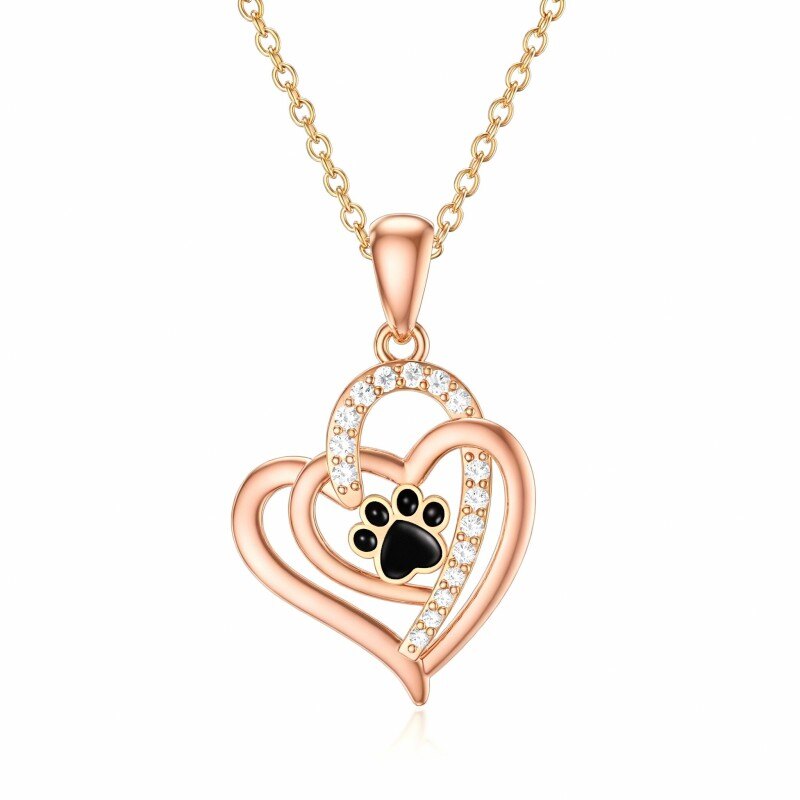 Collar con colgante de corazón y pata con circonitas cúbicas en oro rosa de 18 quilates-1