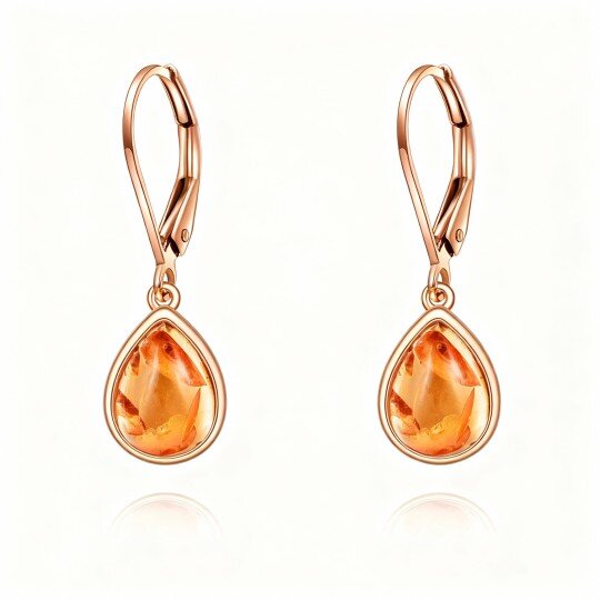 10K Rose Gold Pear Cut Amber Drop Shape Lever-back Earrings
