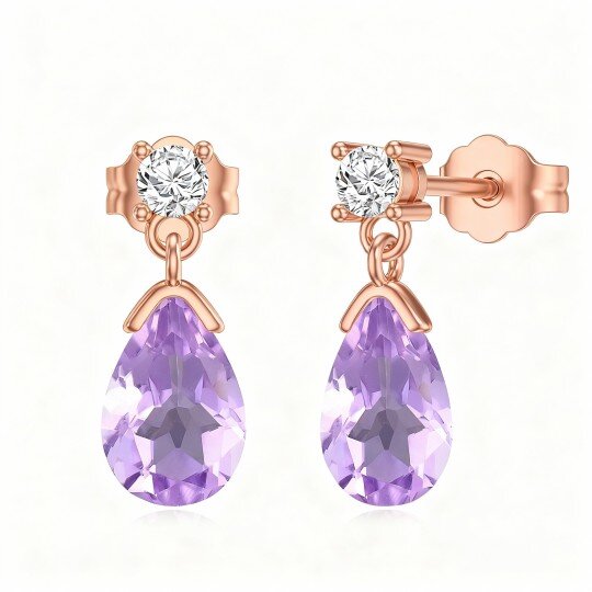 10K Rose Gold Pear Cut Amethyst Drop Shape Drop Earrings