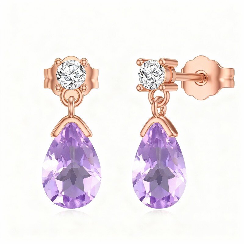 10K Rose Gold Pear Cut Amethyst Drop Shape Drop Earrings-1