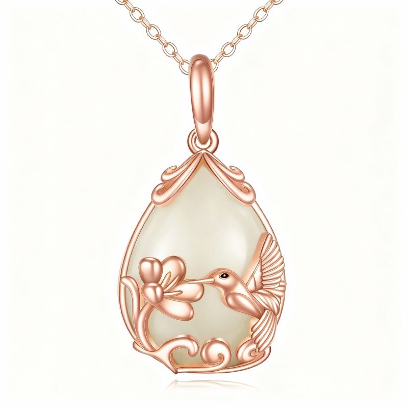 Collar con colgante de colibrí y gota en oro rosa de 10 quilates con calcedonia talla pera-1