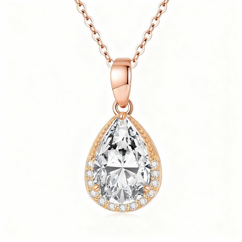 14K Rose Gold Pear Cut Cubic Zirconia & Diamond Drop Shape Pendant Necklace-1
