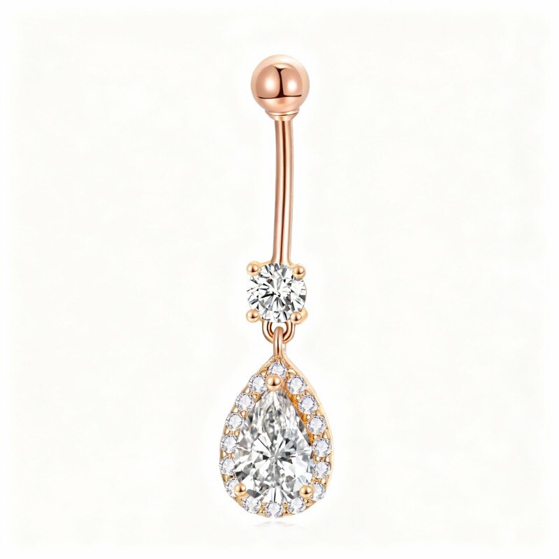 Piercing para el ombligo en oro rosa de 10 quilates con circonita cúbica talla pera y forma de gota.-1