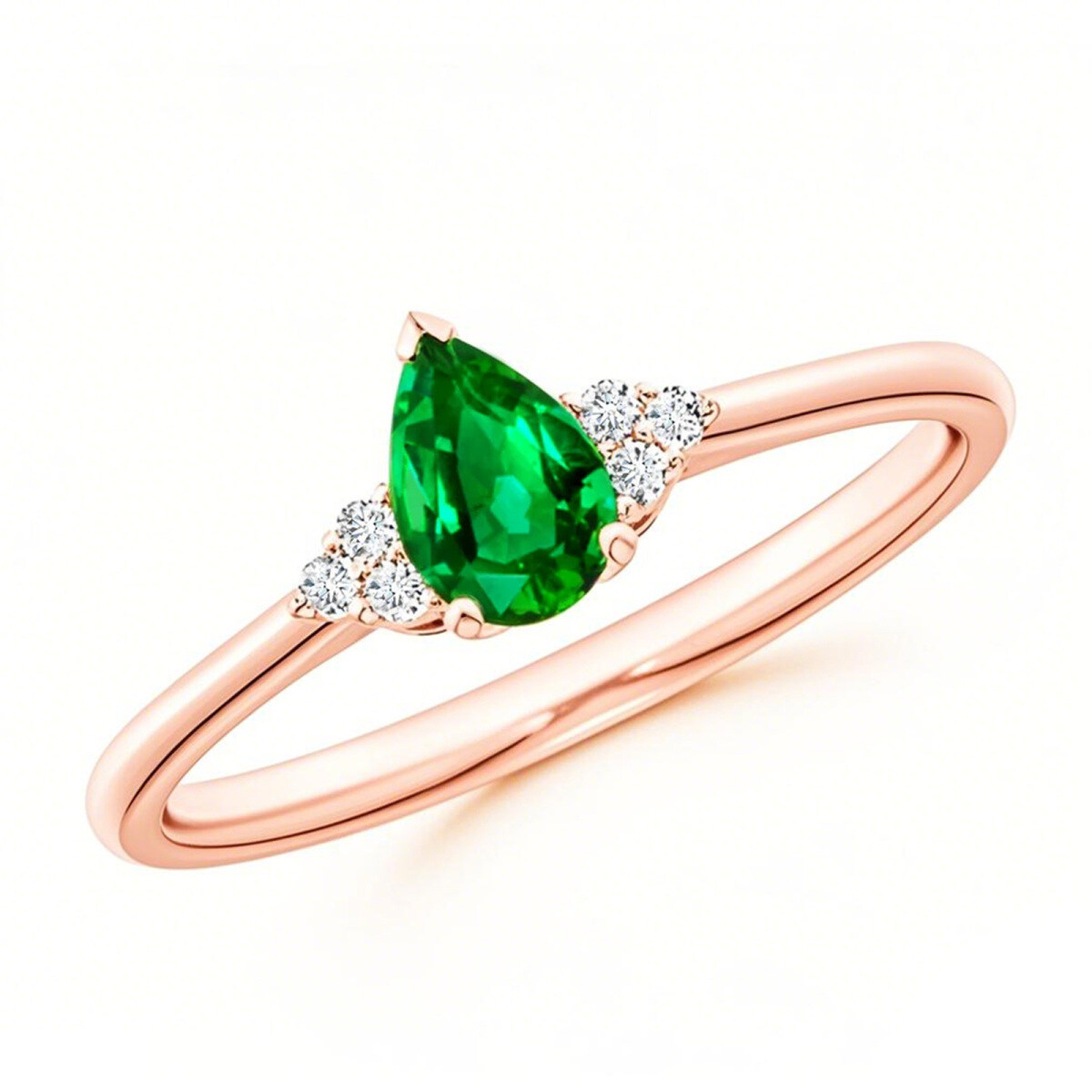 Verlobungsring aus 10 Karat Roségold mit Smaragd im Birnenschliff, 0,05 Karat, drei Diamanten-1