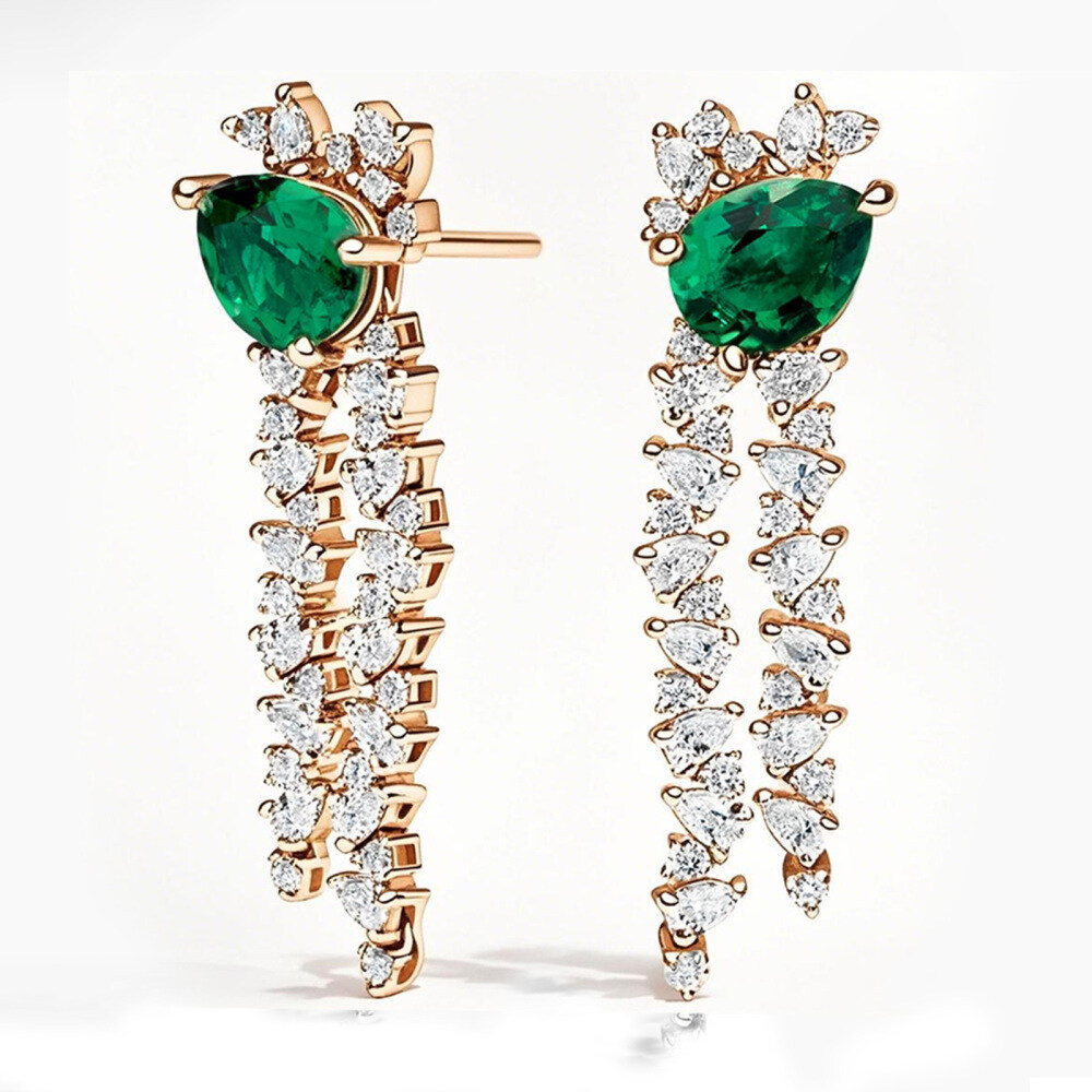 10K Rose Gold Pear Cut Emerald & 1.9 CT.T.W. Diamond Drop Earrings-1