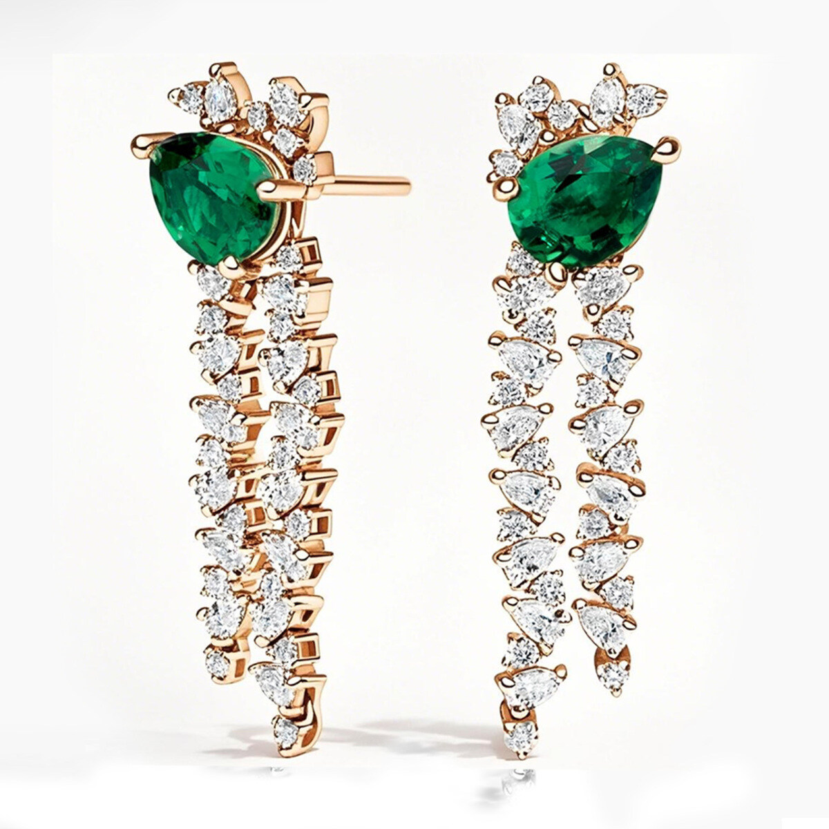 Aretes colgantes de oro rosa de 14 quilates con esmeralda talla pera y 1,9 quilates de peso total de diamantes-1