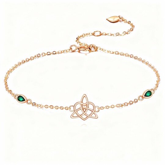 10K Rose Gold Pear Cut Emerald Celtic Knot Charm Bracelet