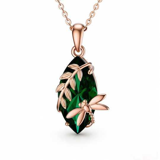 10K Rose Gold Pear Cut Emerald Dragonfly & Leaves Pendant Necklace