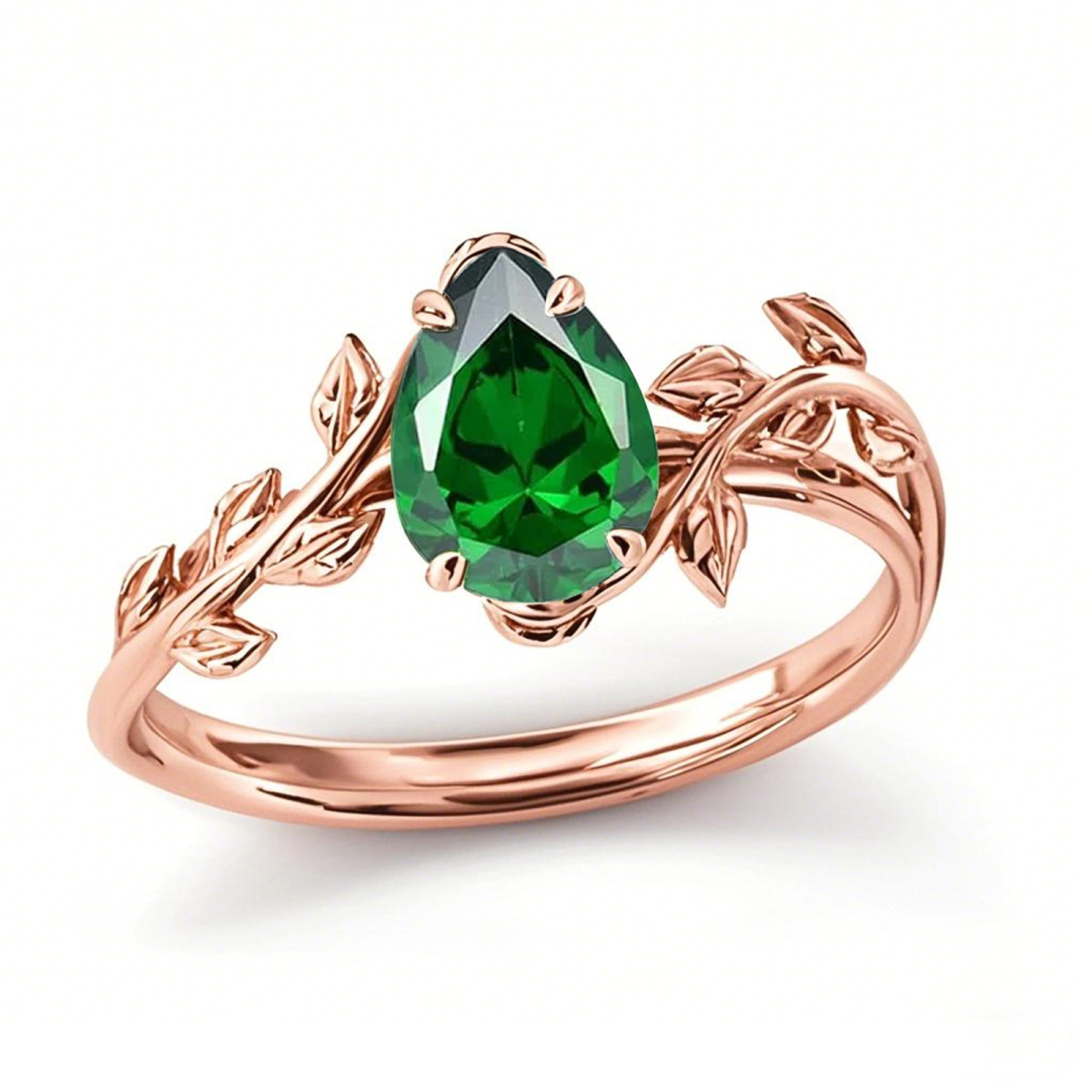 Anillo de compromiso de oro rosa de 18 quilates con hojas de esmeralda de corte pera para su cumpleaños o aniversario.-1