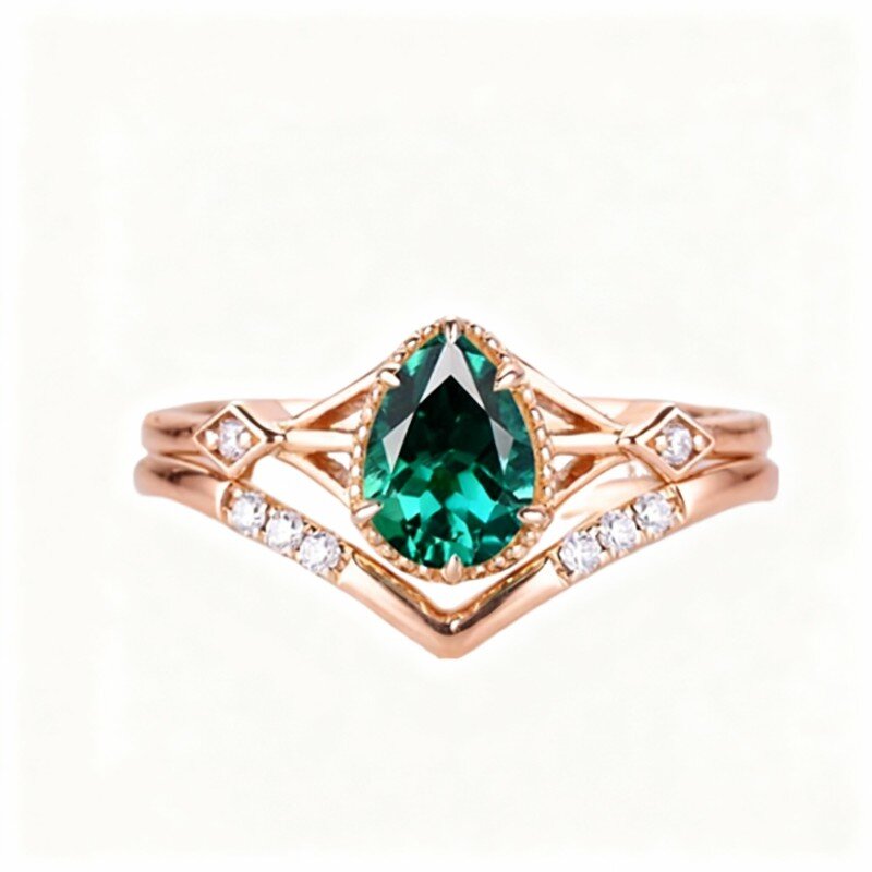 10K Rose Gold Pear Cut Emerald Personalized Engraving & Couple Engagement Ring-1