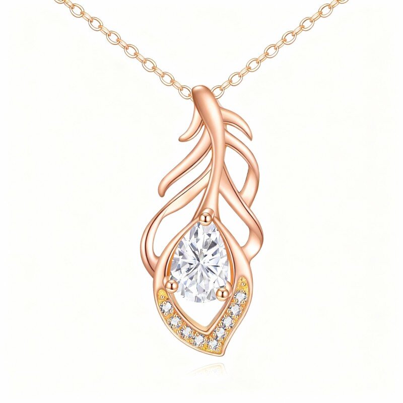 10K Rose Gold Pear Cut Cubic Zirconia Feather Pendant Necklace-1