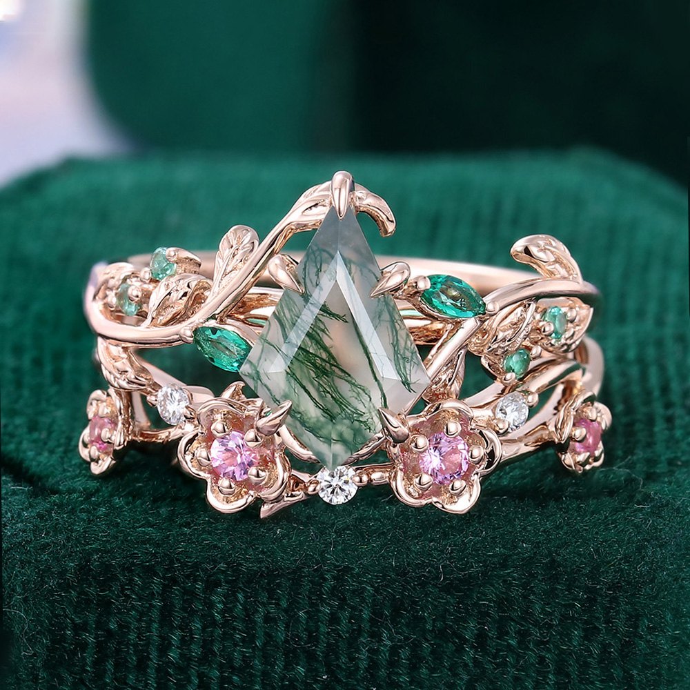 Conjunto nupcial de oro rosa de 14 quilates con flor de la vida y ágata musgosa talla pera-3