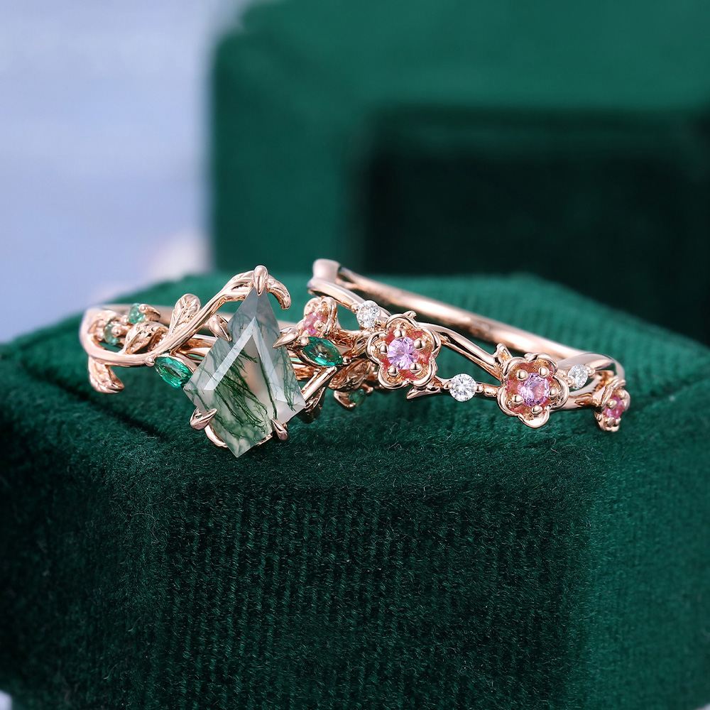 Conjunto nupcial de oro rosa de 14 quilates con flor de la vida y ágata musgosa talla pera-4