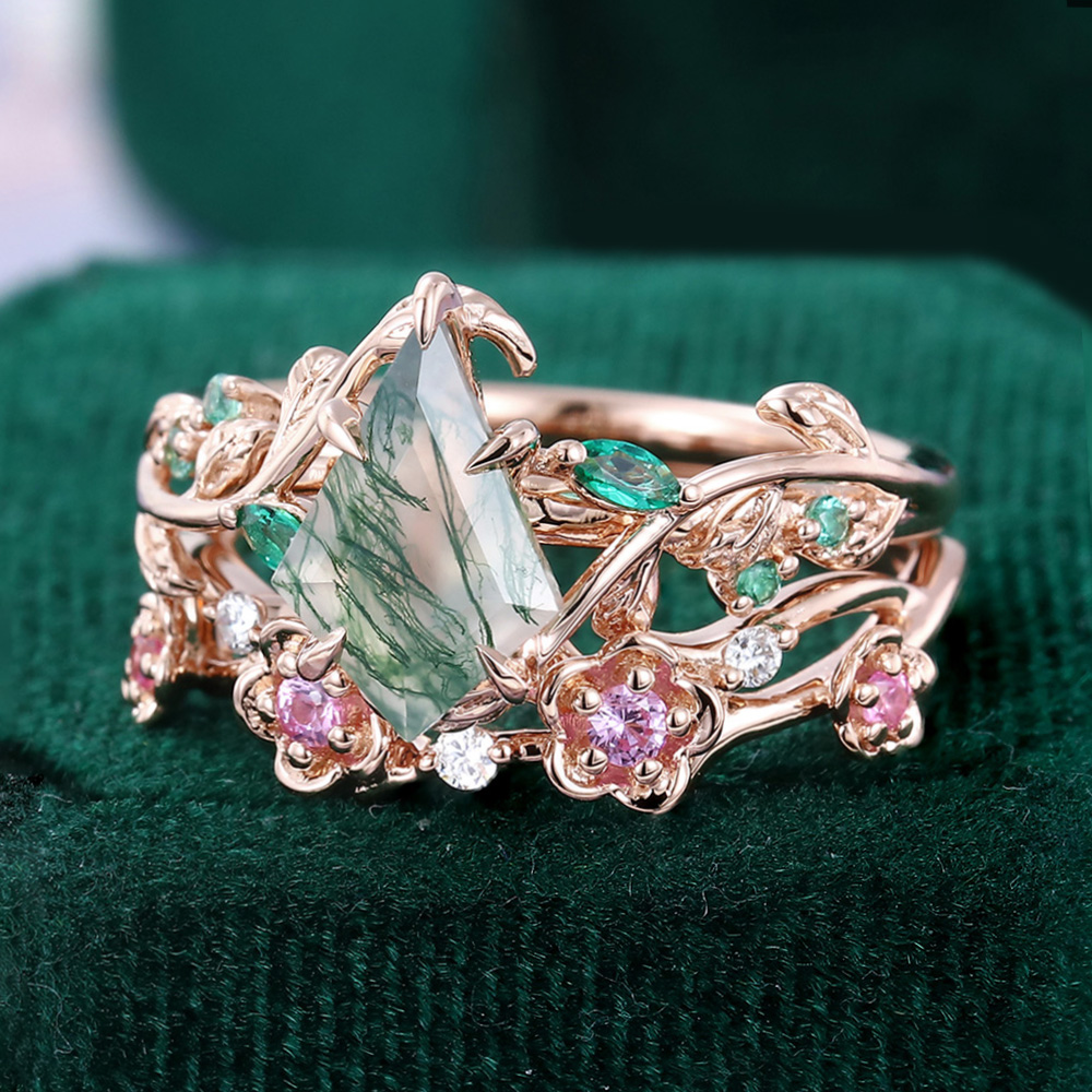 Conjunto nupcial de oro rosa de 14 quilates con flor de la vida y ágata musgosa talla pera-5